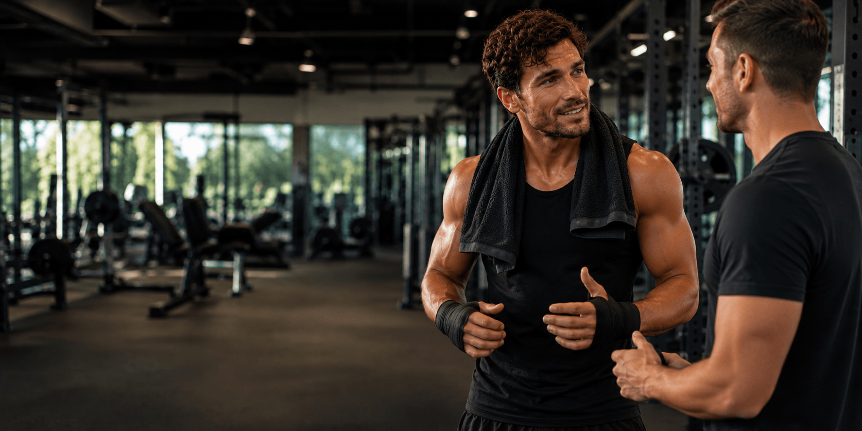 Two fit men talking between sets in a sunlit gym