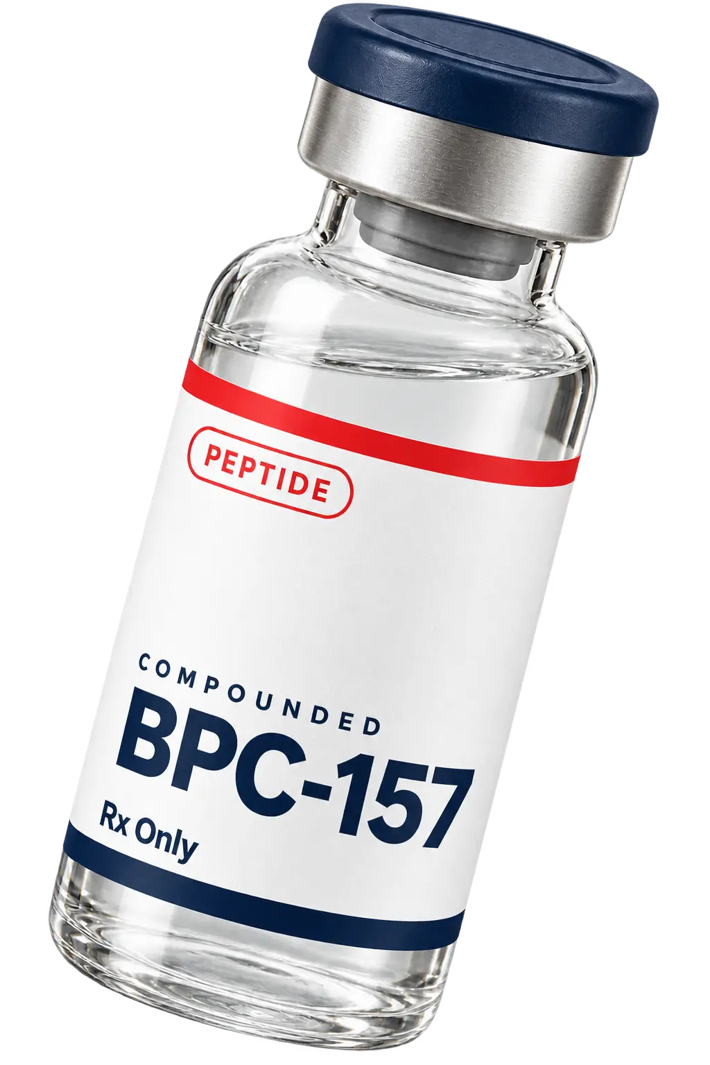 A vial of compounded BPC-157 with a navy cap and peptide label