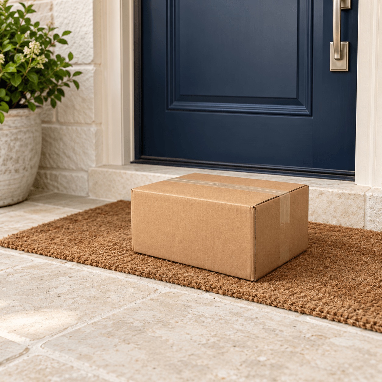 A plain cardboard box on a doormat in front of a navy front door, with nothing printed on it