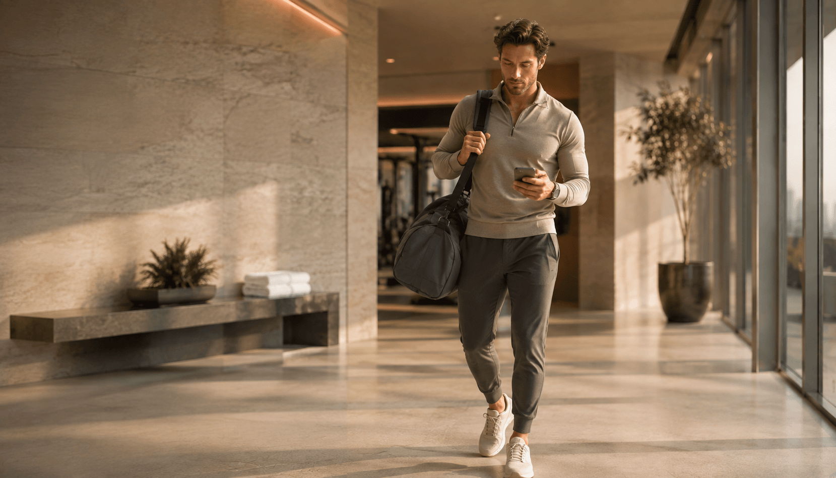 A fit man with a gym bag checking his phone as he walks out of a sunlit gym lobby