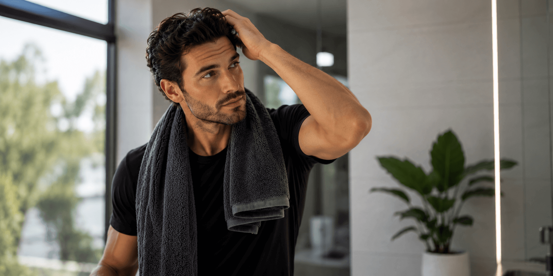 A man checking his hairline in the bathroom mirror after a shower