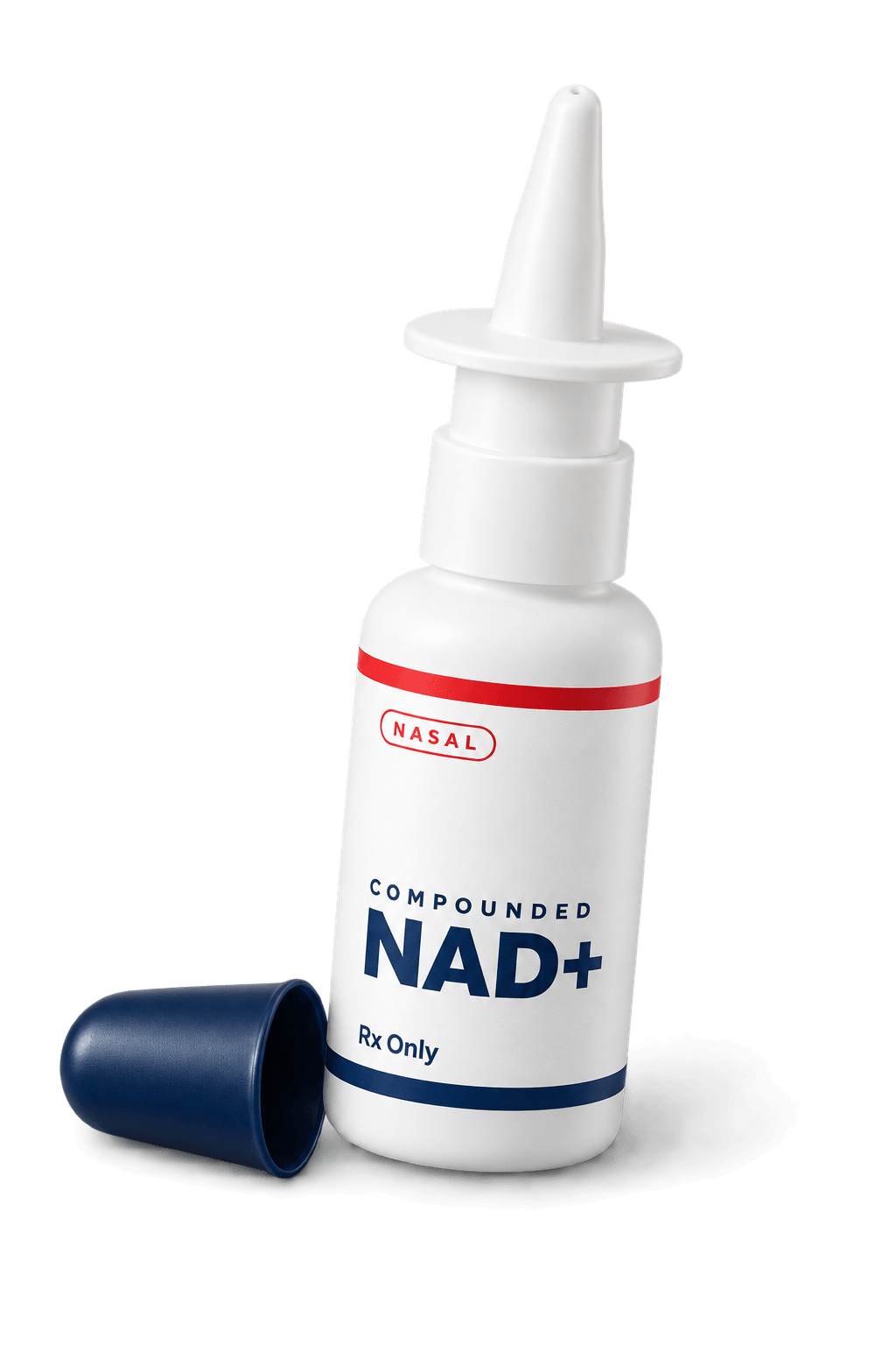 A compounded NAD+ metered nasal spray bottle with its navy cap set beside it