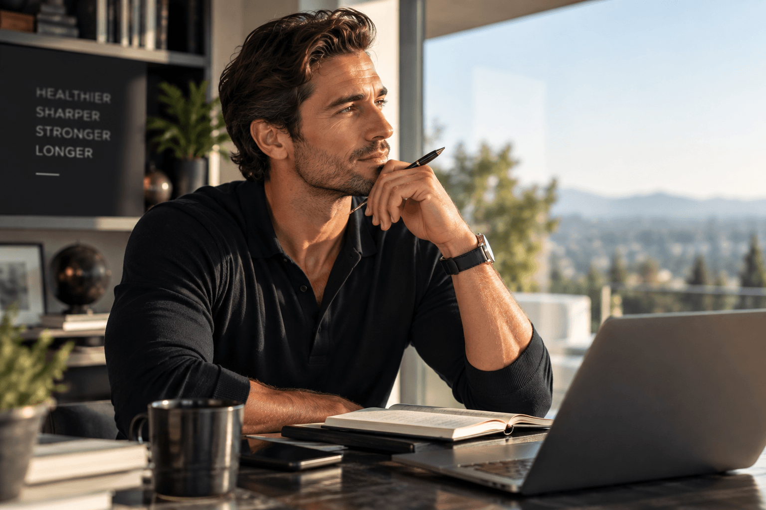 A man at a sunlit desk with a laptop and open notebook, pausing to think, with hills in the window behind him