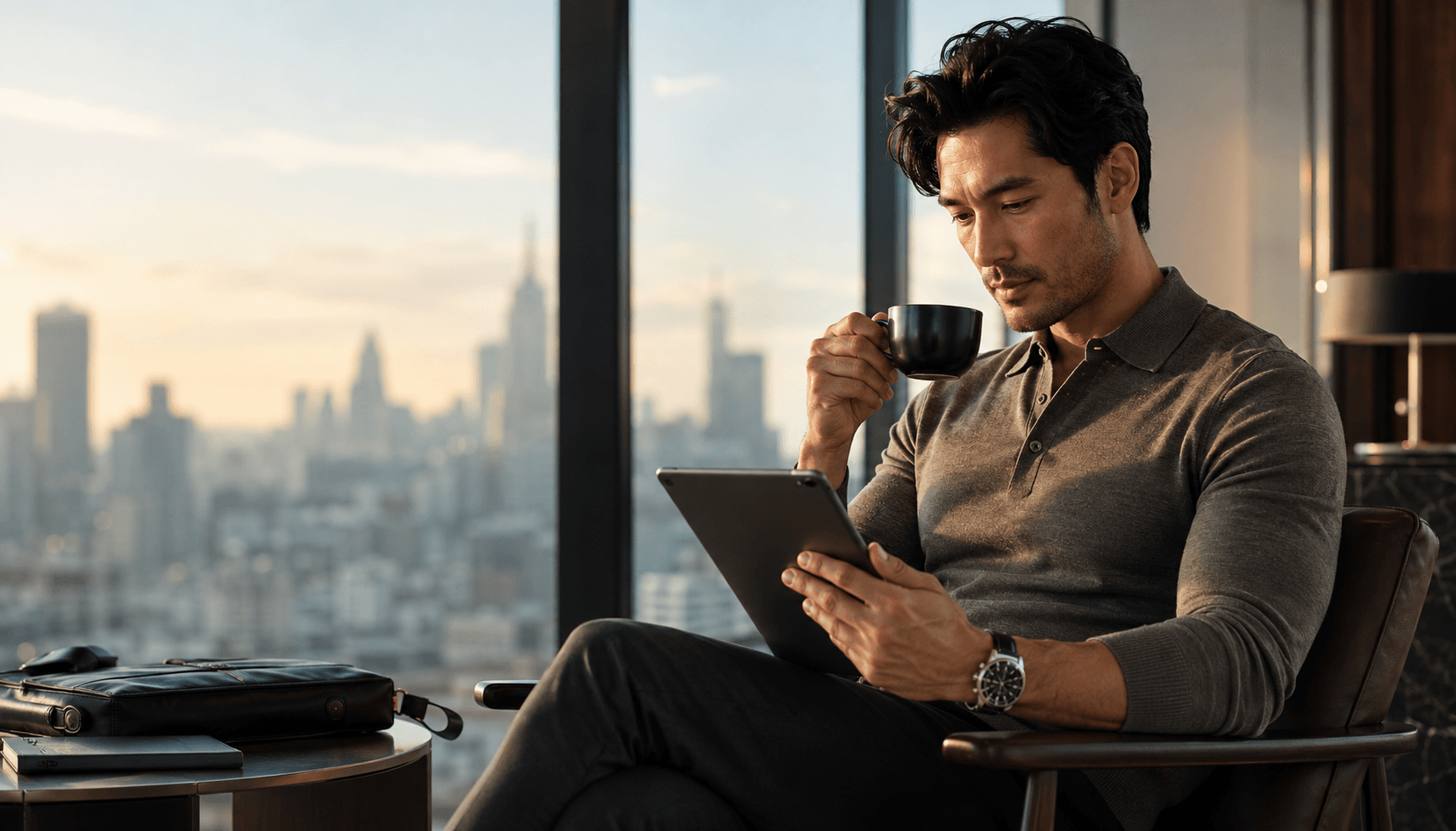 A man having morning coffee and reading his tablet in a high-rise apartment at sunrise