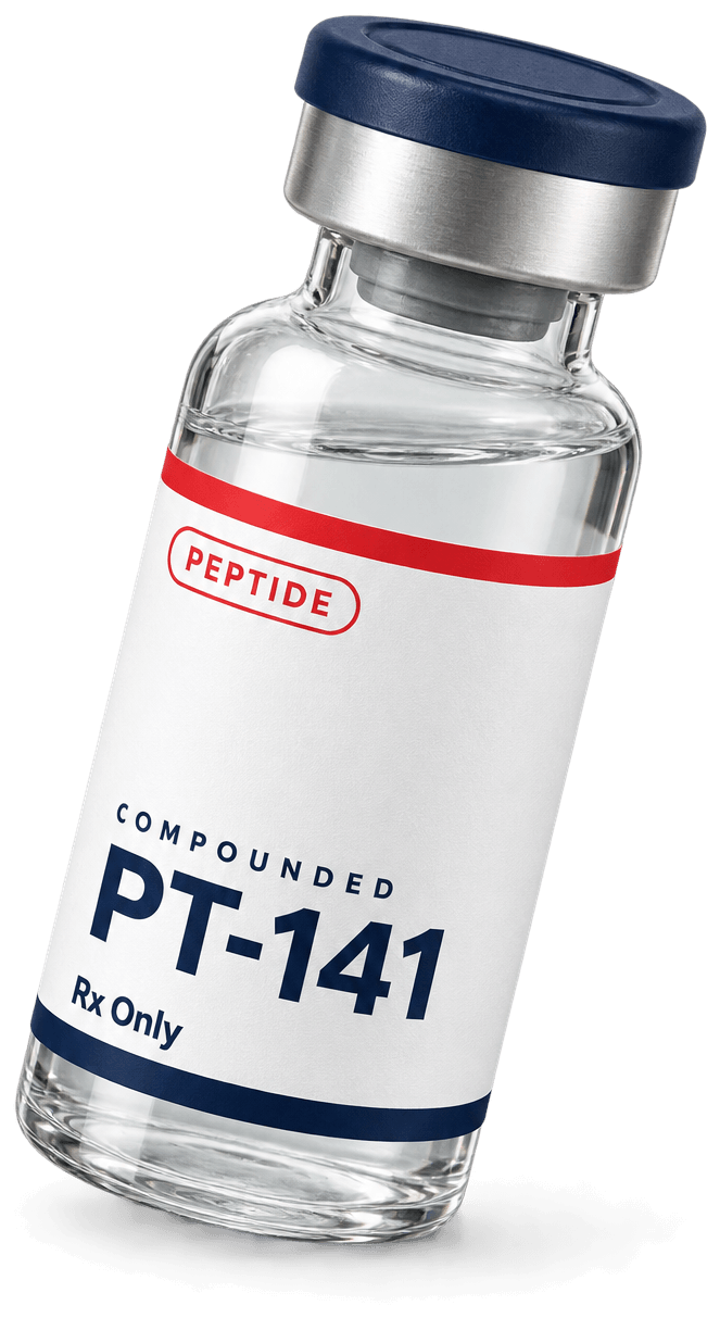 A compounded PT-141 injectable vial with a navy cap and peptide label