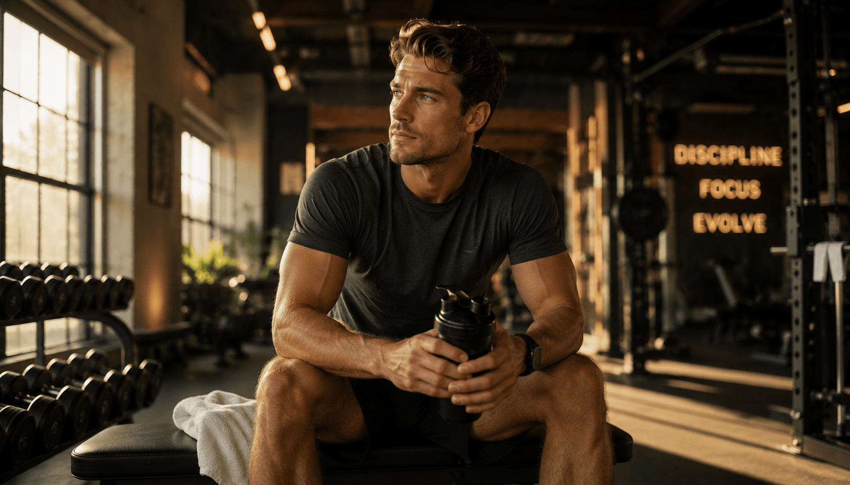 A fit man resting on a bench with a shaker bottle between sets in a sunlit gym