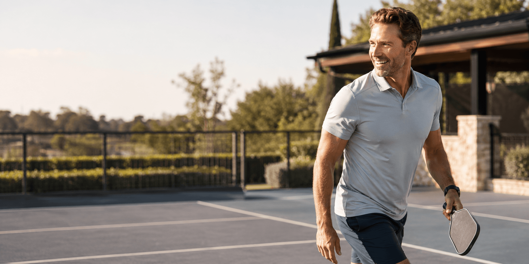 A fit man in his forties smiling on a sunny pickleball court, paddle in hand