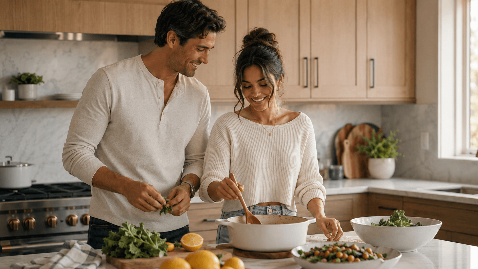 A couple cooking a fresh healthy meal together at their kitchen island